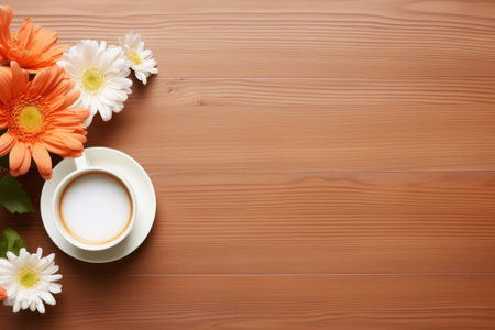 Productivity Blooms: A Refreshing Workspace with Coffee and Flowers - Top View with Ample Copy Space (Aspect Ratio: 3:2)の素材