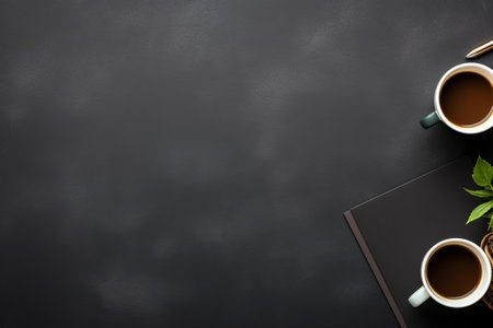 Productivity Awaits: Expansive Black Office Desk with Computer, Stationery, and Coffee Delight. Captivating Top View for Customization. Perfect Banner | Aspect Ratio 3:2の素材