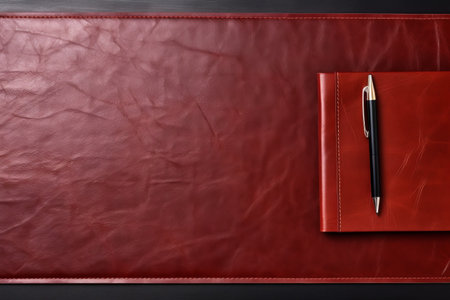 Sleek Office Leather Desk Table: Organized with Pen and Pencil Set! (Top View with Copy Space)の素材