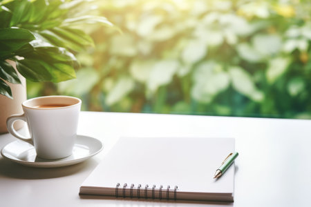 Feminine Elegance: A Charming Home Office Retreat with Desk Table, Notebook, Coffee, Plant, and Chairの素材