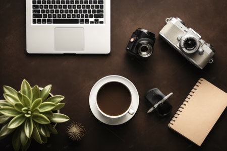 Workstation Essentials: A Complete Setup featuring Coffee Cup, Laptop, Notebook, Mini Artificial Plant, Retro Camera, and Smartphoneの素材