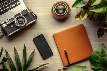The Modern Workspace: A Glimpse of an Office Desk with Coffee, Gadgets, and Greenery -- AR 3:2の素材