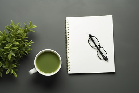 Aesthetic Arrangement: Notebook, Green Plant, Glasses, Coffee, and Black Pen Harmoniously Captured on a Grey Backgroundの素材