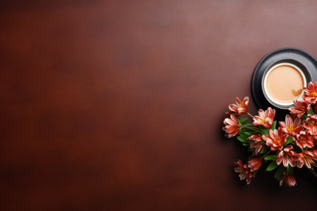 Efficiency and Elegance: A Top-View of an Office Leather Desk adorned with a Computer, Stationery, Coffee Cup, and Flower. Ample Copy Space. (Aspect Ratio: 3:2)の素材