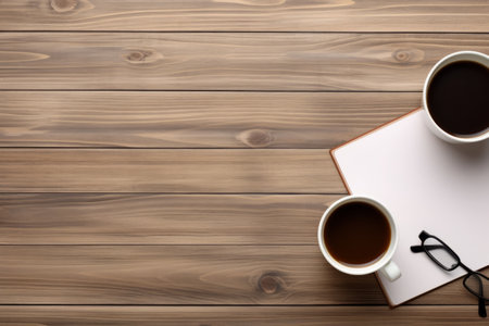 The Productivity Zone: A Stylish Wood Office Desk Table with Notebook, Coffee Cup, and Glasses for Ultimate Focus (Flat Lay, Top View)の素材