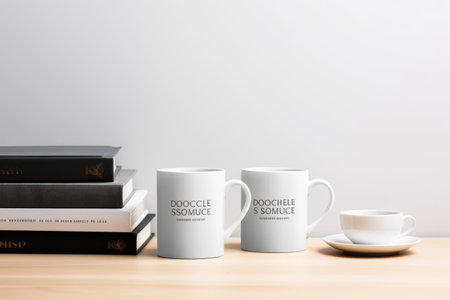 Captivating Product Display: Aesthetic Books and Coffee Mug on White Deskの素材