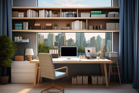 Efficient and Stylish: The Contemporary Office Setup with Laptop, Supplies, and Workstation Essentialsâar 3:2の素材