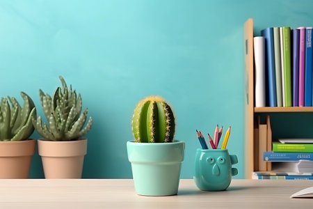 Vibrant Back-to-School Mockup: A Student's Creative Desk adorned with Colorful Office Supplies and Cactusの素材