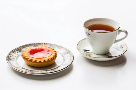 Captivating Moments of Tea Time and Egg Tart on a Clean White Background, Enhanced by a Modern Smartphone - AR 3:2の素材