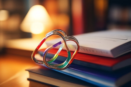 Creative Chaos: A Captivating Stack of Books, Opened Pages, and Colorful Paper Clips, amidst a Blurry Light Designの素材