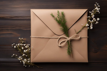 Wrapped in Festive Charm: A Holiday Gift Unveiled on a Rustic Wooden Backgroundの素材