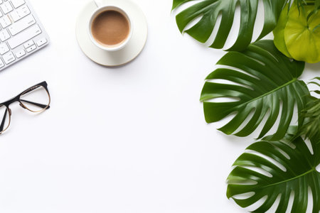Stylish Hipster Desktop: A View from Above on the Office Working Place - PC Computer, Keyboard, Monstera, Glasses, Coffee Cup, and Notepad with Pencil, Offering Copy Space on the White Desk for Your Product! [AR 3:2]の素材
