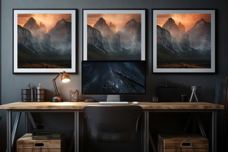 Modern Open Workspace: Vibrant Posters Adorn Grey Wall Above a Rustic Wooden Desk with Computer Monitorの素材