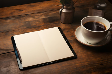 Quiet Moments: A Serene Scene with an Empty Tablet and a Cup of Coffee on the Deskの素材