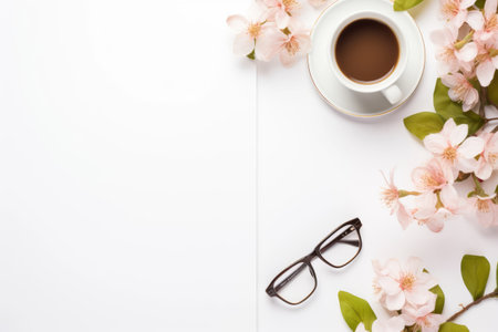 Office Essentials: A Perfectly Organized Desk Setup with Smartphone, Coffee Cup, Glasses, Flower, and Office Suppliesの素材
