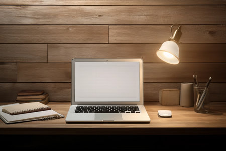 Productivity in a Minimalist Workspace: Laptop and Notepad on a Serene Wooden Deskの素材