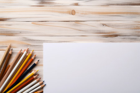 Pencil-Studded White Student Desk: A Top-View Flat Lay Delightの素材