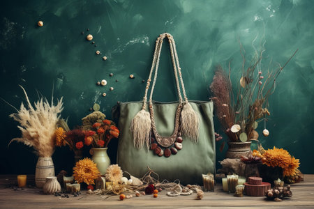 Bohemian Bliss: A Cozy Autumn Workspace with Macrame Handbag, Dried Flowers, and Warm Aestheticsの素材