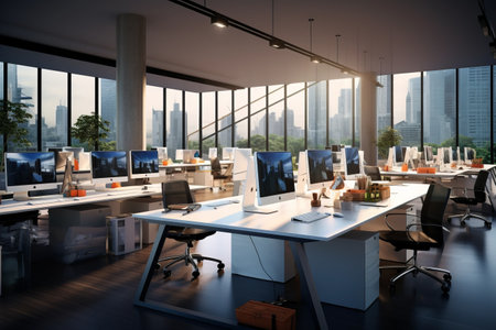 Unoccupied Modern Office Space: Equipped with Tables, Chairs, Computers, and Office Suppliesの素材