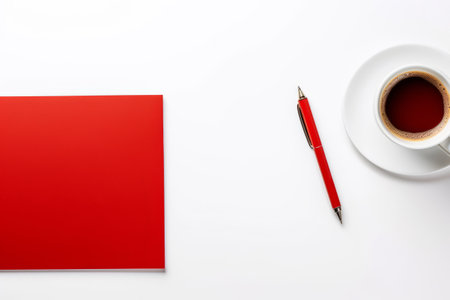 Elevated Perspective: Office Essentials and Coffee Cup on a Serene White Workspaceの素材