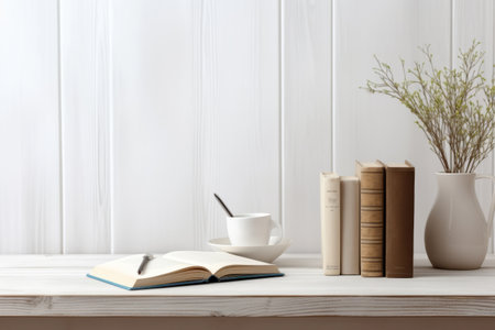 Vintage Vibe: Workstation Inspo with Books and Coffee Mug on a White Wood Deskの素材