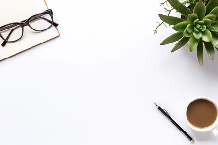 Feminine Workspace: A Flat Lay View of an Office Table Desk Frame With Laptop, Diary, Succulent, Glasses, and Watch on a White Backgroundの素材