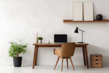 Aesthetic and Ergonomic Workspace: Wooden Desk Set Against a Clean White Wall Indoors (AR 3:2)の素材