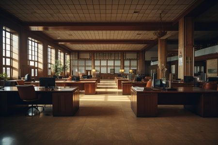 Unoccupied Bank Office: Raw and Desolate Desks in AR 3:2の素材