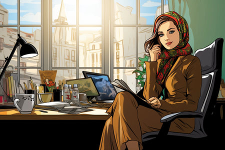 The Empowered Muslim Businesswoman: Conquering the Corporate World at her Office Tableの素材