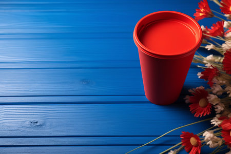 The Perfect Harmony: Vibrant Grass Flowers and a Red Cup of Coffee Blend on a Serene Blue Wooden Floorの素材