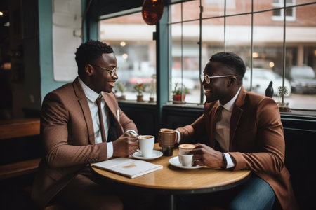 Diverse Love and Success: African American Gay Couple Flourishing in Formals, Sipping Coffee, and Dominating the Digital Worldの素材