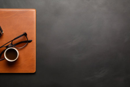 Executive Workspace: Sleek Office Desk with a PC and Glasses, Set over Luxurious Leather Texture. Captured from a Top View with Ample Copy Space -- Aspect Ratio 3:2の素材