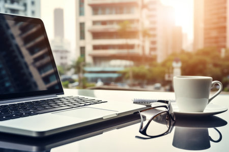 City-Inspired Workstation: A Closeup of a White Desktop with Laptop, Glasses, Coffee Cup, Notepads, and Moreの素材