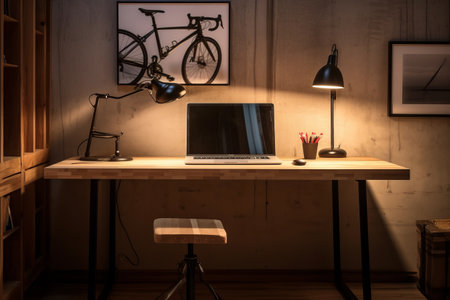 Creating a Cozy and Functional Workspace: A Wooden Lamp, Stool, and Metal Chair Accentuate the Desk with Computer and Bikeの素材