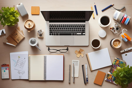 Organized Chaos: A View from Above - Captivating White Office Desk Filled with Numerous Objects --ar 3:2の素材