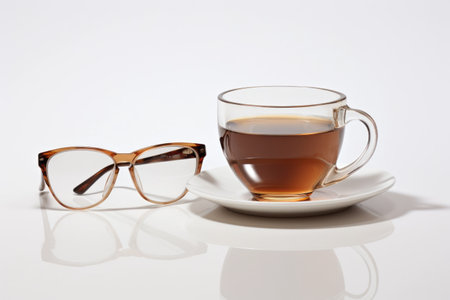 Coffee Cup and Glasses on a White Background: Aesthetic Harmony Captured in 3:2 Aspect Ratioの素材