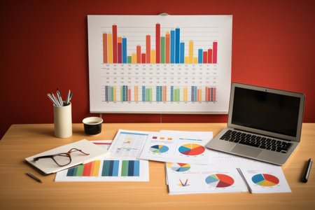 Efficient Office Organization: Streamlining Processes with Supplies, Charts, and Documents on the Deskの素材