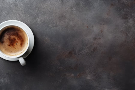 Office Delight: A Captivating Top View of a Coffee Cup on a Desk, Offering Copy Spaceの素材