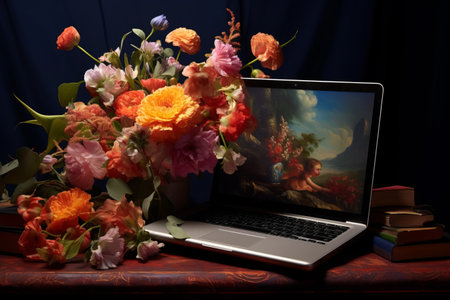 Blooming Technology: The Harmonious Blend of Laptops and Flowers in 3:2 Aspect Ratioの素材