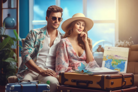 Exploring the World Together: A Stunning Young Couple's Journey Begins at a Travel Agency Office --ar 3:2の素材