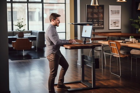 Efficiency and Wellness: Embracing the Standing Revolution - Man Engaged in Productivity at his Computerの素材