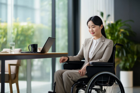 Breaking Barriers: The Inspiring Journey of an Asian Businesswoman on a Wheelchair at the Officeの素材