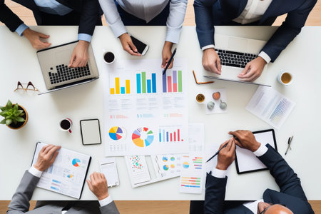 Collaborative Business Project: Experts Reviewing Work on Digital Device with Office Suppliesの素材