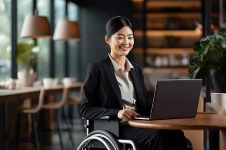 Empowering Inclusivity: A Trailblazing Asian Businesswoman Thriving in the Office on Wheelsの素材