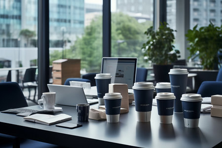 A Productive Atmosphere: Embracing Technology, Coffee, and Office Essentials in an Empty Daytime Spaceの素材