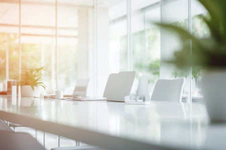 Focused Elegance: Crisp White Office Space with Blurred Background - Aspect Ratio 3:2の素材