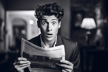 Startled: Young Man's Morning Newspaper Reading Reveals Shocking Newsの素材