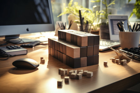 Creativity Cubed: Exploring the World of Office Stuff and Conceptual Words on a Wooden Tableの素材