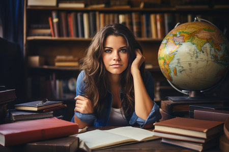 Adventurous brunette strategist mapping out her next journey at the office desk -- AR 3:2の素材