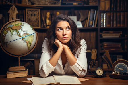 The Organized Explorer: A Portrait of a Confident Brunette Woman Strategizing her Next Adventure from her Office Deskの素材